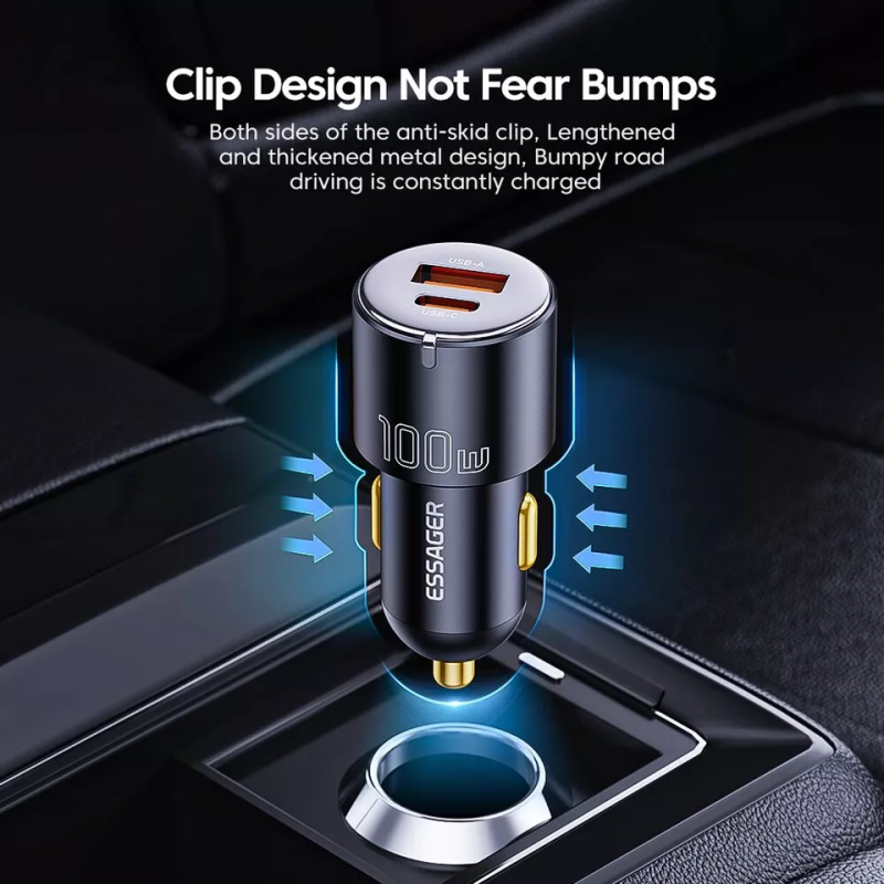 ESSAGER 100W USB-A / USB-C Automobilinis Įkroviklis – Greitas Ir Galingas Įkrovimas
