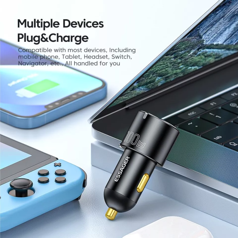 ESSAGER 100W USB-A / USB-C Automobilinis Įkroviklis – Greitas Ir Galingas Įkrovimas