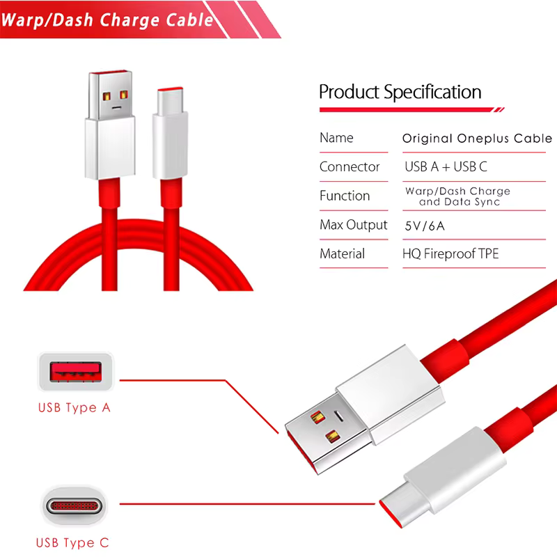 USB Type-C telefono laidas OnePlus 'Warp Charge' 6A – 1m/1.5m