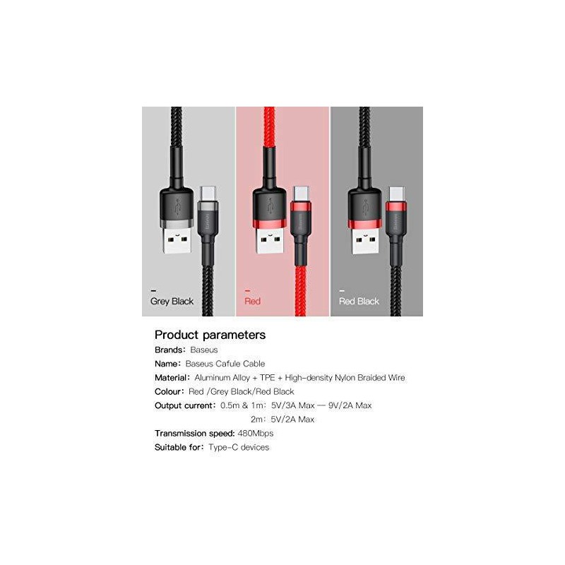 USB 2.0 to Type-C Reinforced Charging & Data Cable BASEUS 3A – 1m