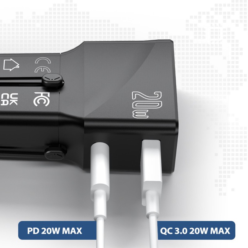Universal Travel Adapter LENCENT with USB QC 3.0 & Type-C PD 20W – EU, US, AU, UK