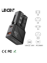 Universal Travel Adapter LENCENT with USB QC 3.0 & Type-C PD 20W – EU, US, AU, UK