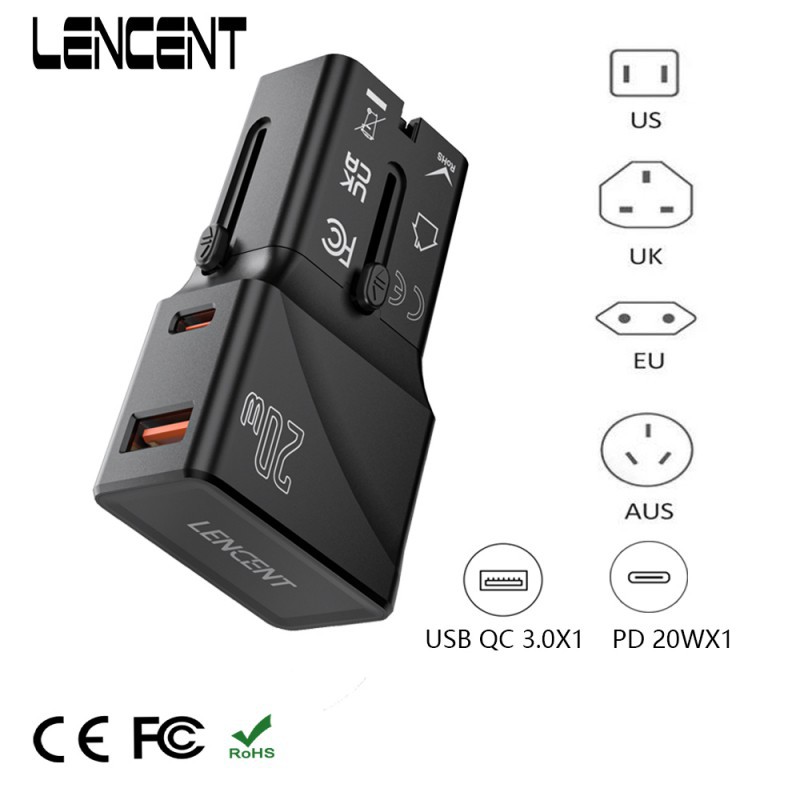 Universal Travel Adapter LENCENT with USB QC 3.0 & Type-C PD 20W – EU, US, AU, UK
