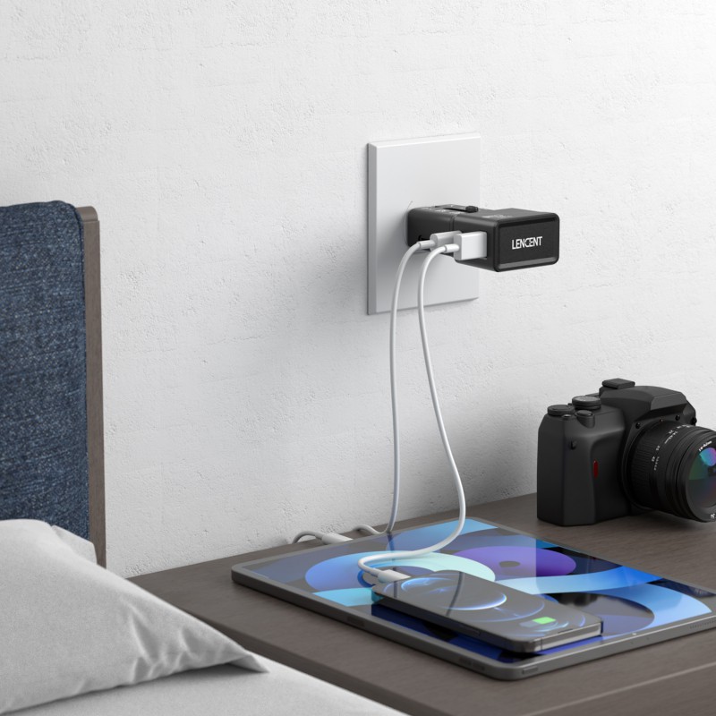 Universalus kelioninis adapteris LENCENT su USB QC 3.0 ir Type-C PD 20W – EU, US, AU, UK