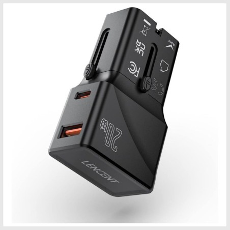 Universalus kelioninis adapteris LENCENT su USB QC 3.0 ir Type-C PD 20W – EU, US, AU, UK