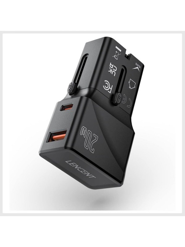 Universalus kelioninis adapteris LENCENT su USB QC 3.0 ir Type-C PD 20W – EU, US, AU, UK