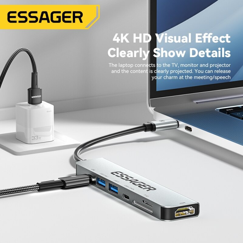 USB Hub (HUB) Essager 7-in-1 with Type-C, SD/TF Card Reader, HDMI