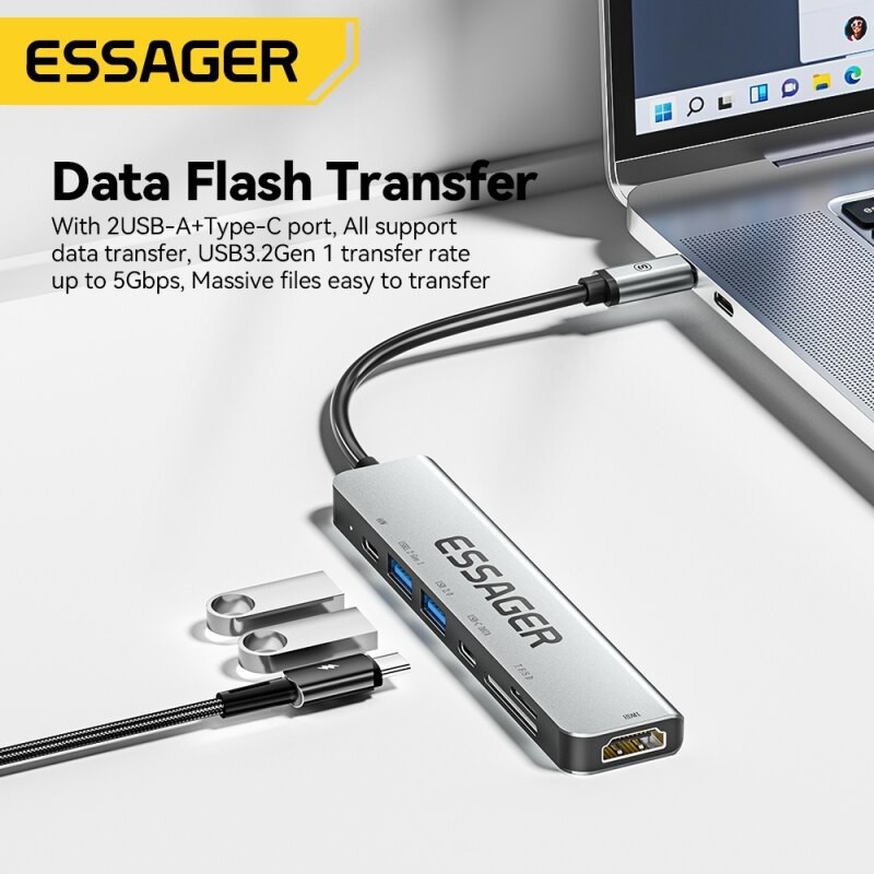 USB Hub (HUB) Essager 7-in-1 with Type-C, SD/TF Card Reader, HDMI