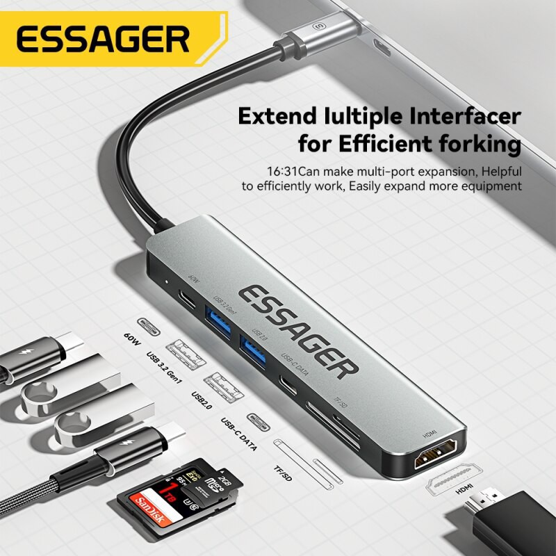 USB Hub (HUB) Essager 7-in-1 with Type-C, SD/TF Card Reader, HDMI