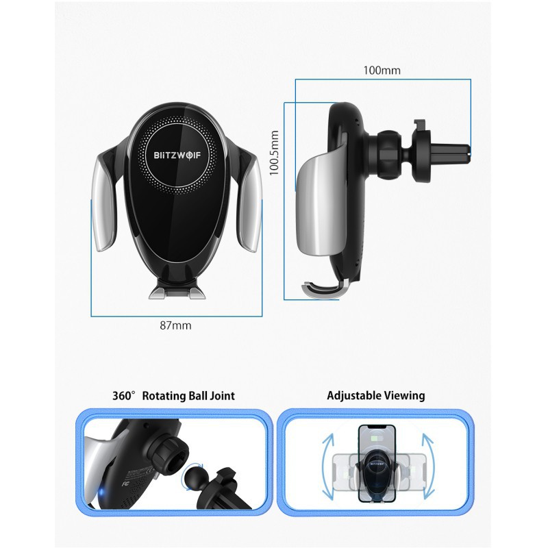 Automobilinis telefono laikiklis – bevielis (Qi) įkroviklis BlitzWolf CW3 15W