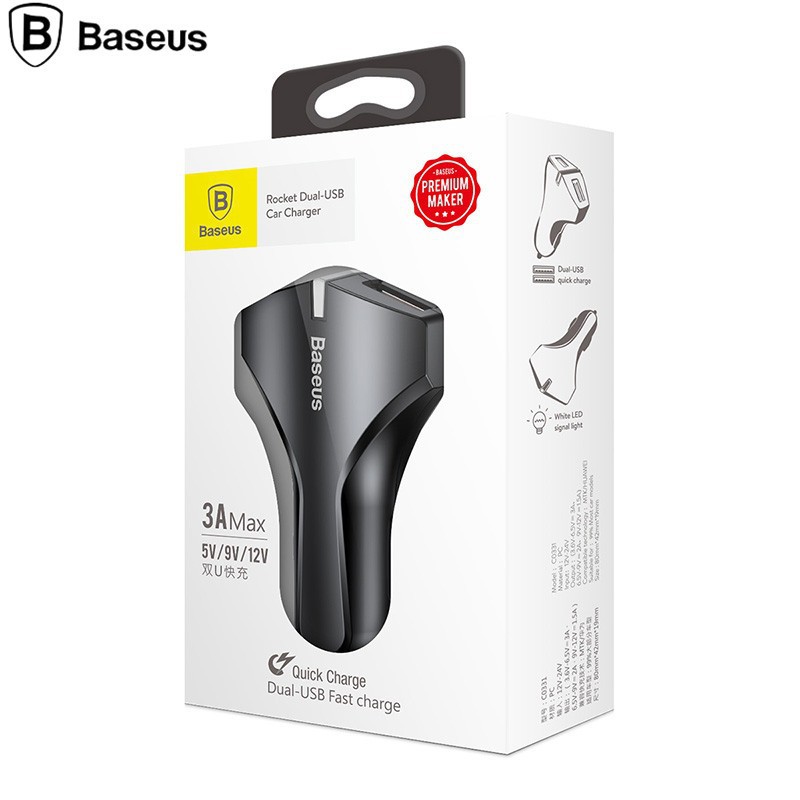Greito krovimo 2-jų jungčių automobilinis USB įkroviklis BASEUS Rocket QC 3.0