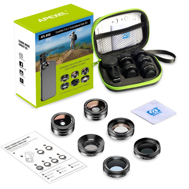 Apexel Universal 6-in-1 Phone Lens Kit with Protective Case