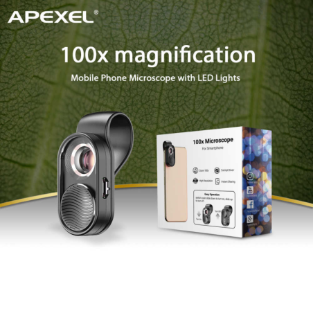 Universalus Macro telefono objektyvas su LED APEXEL Microscope X100