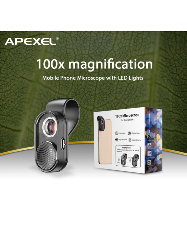 Universalus Macro telefono objektyvas su LED APEXEL Microscope X100