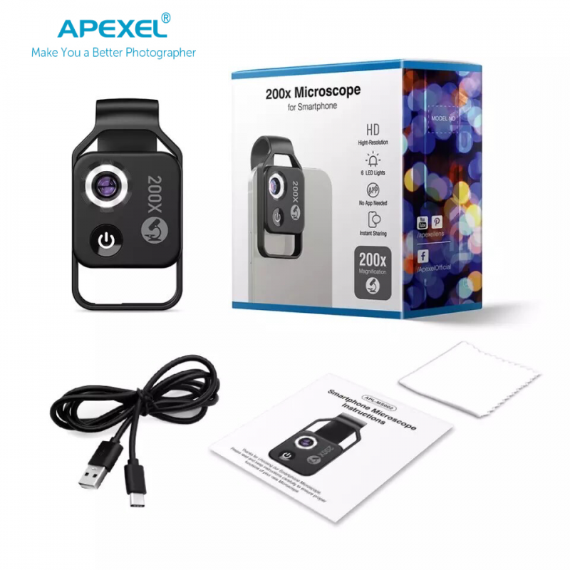Apexel Universal Super Macro Phone Lens with LED – Microscope X200 with CPL Filter