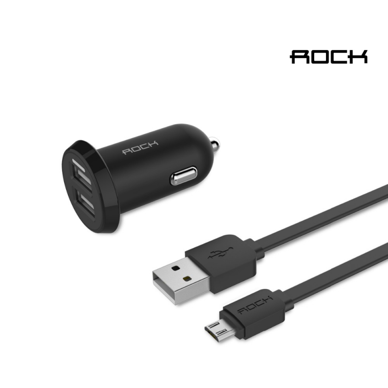 Automobilinis 2-jų USB jungčių telefono mini įkroviklis Rock Ditor 2.4A su laidu