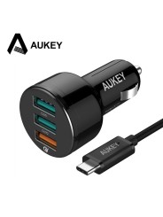 Automobilinis 3-jų USB jungčių telefono įkroviklis AUKEY Quick Charge 3.0 su Type-C laidu