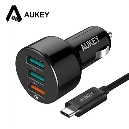 Automobilinis 3-jų USB jungčių telefono įkroviklis AUKEY Quick Charge 3.0 su Type-C laidu