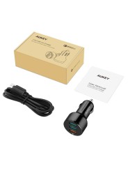 Automobilinis 3-jų USB jungčių telefono įkroviklis AUKEY Quick Charge 3.0 su Type-C laidu
