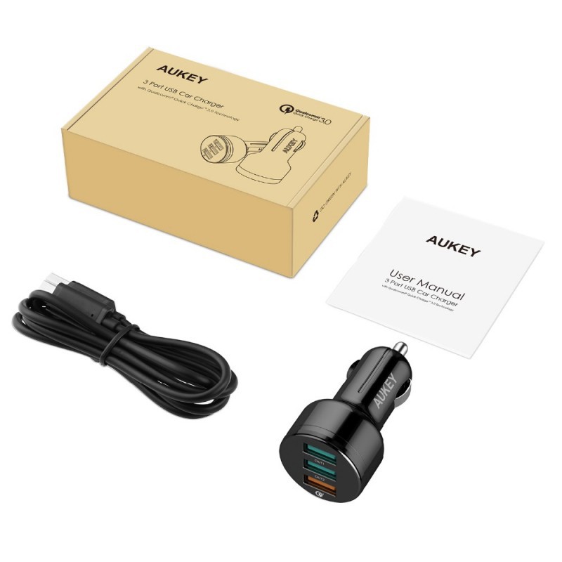 Automobilinis 3-jų USB jungčių telefono įkroviklis AUKEY Quick Charge 3.0 su Type-C laidu