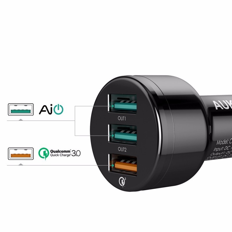 Automobilinis 3-jų USB jungčių telefono įkroviklis AUKEY Quick Charge 3.0 su Type-C laidu