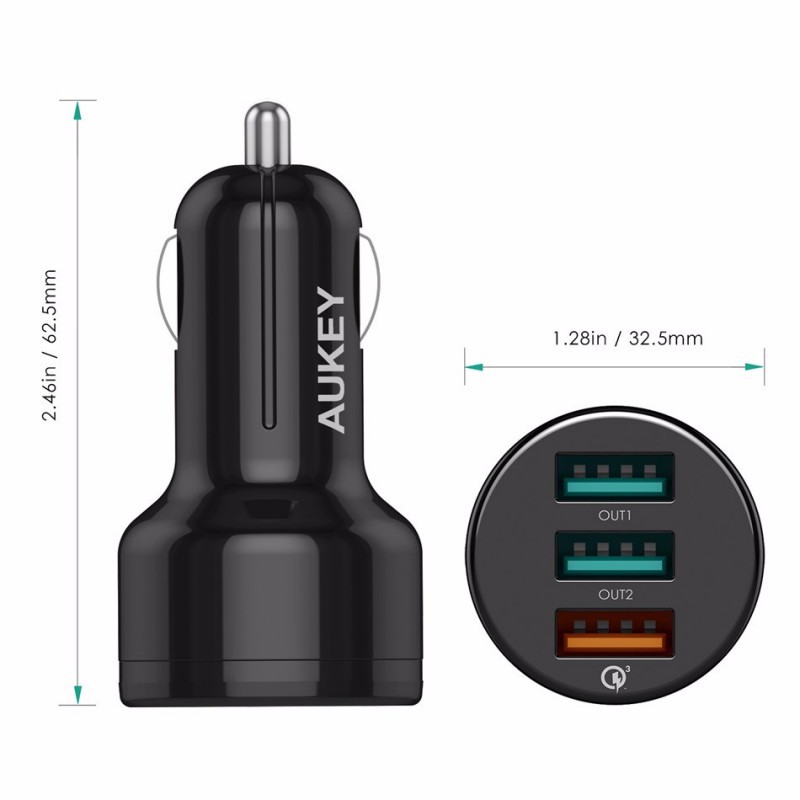 Automobilinis 3-jų USB jungčių telefono įkroviklis AUKEY Quick Charge 3.0 su Type-C laidu