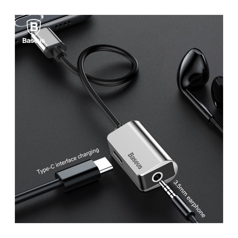 BASEUS Type-C Vyr. į Type-C Moter. ir 3.5mm Adapteris – Juodas BASEUS Type-C Vyr. į Type-C Moter. ir 3.5mm Adapteris – Juodas