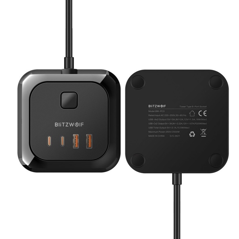 Telefono įkroviklis, 8 220V rozečių šakotuvas-ilgintuvas BlitzWolf, 2X USB, 2X USB-C