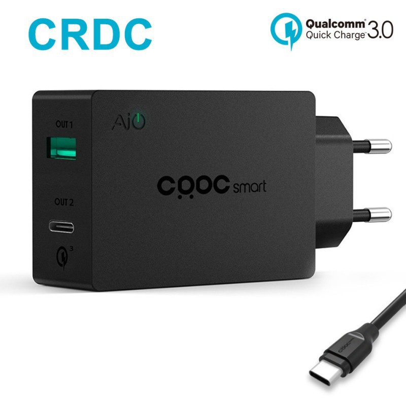Universalus greito krovimo 2-jų jungčių telefono įkroviklis CRDC su Type-C QS 3.0 ir laidu, 3A 27W