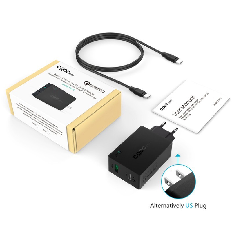 Universalus greito krovimo 2-jų jungčių telefono įkroviklis CRDC su Type-C QS 3.0 ir laidu, 3A 27W