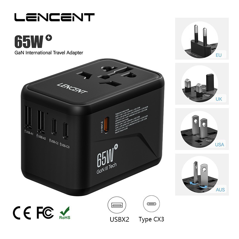 Universal Travel Adapter LENCENT GAN 65W, EU, US, AU, UK with Case