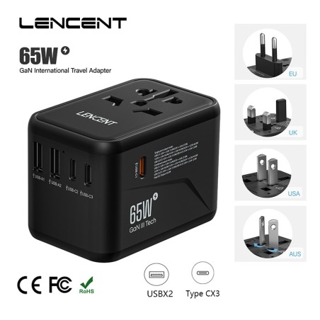 Universal Travel Adapter LENCENT GAN 65W, EU, US, AU, UK with Case