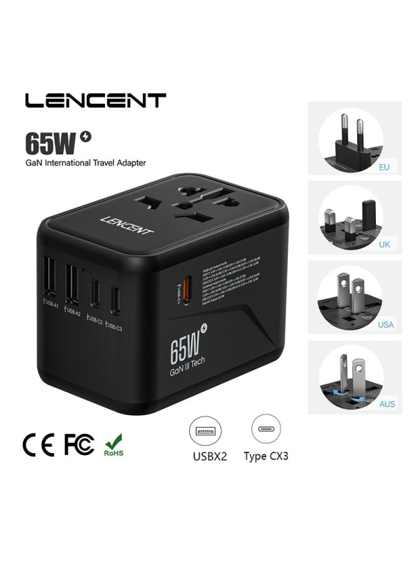 Universal Travel Adapter LENCENT GAN 65W, EU, US, AU, UK with Case