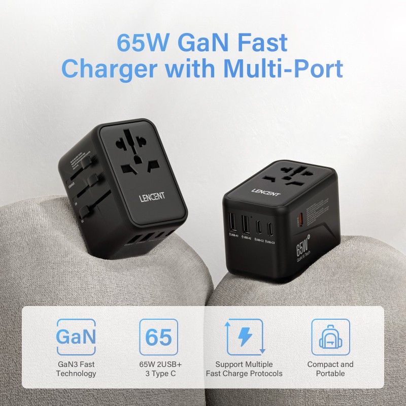 Universal Travel Adapter LENCENT GAN 65W, EU, US, AU, UK with Case