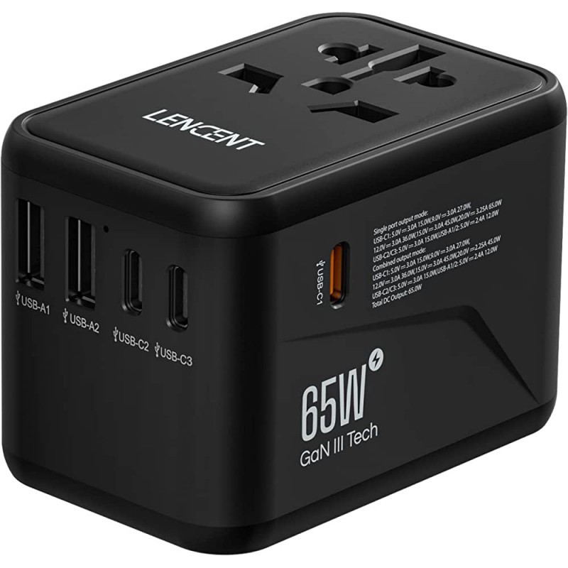 Universal Travel Adapter LENCENT GAN 65W, EU, US, AU, UK with Case