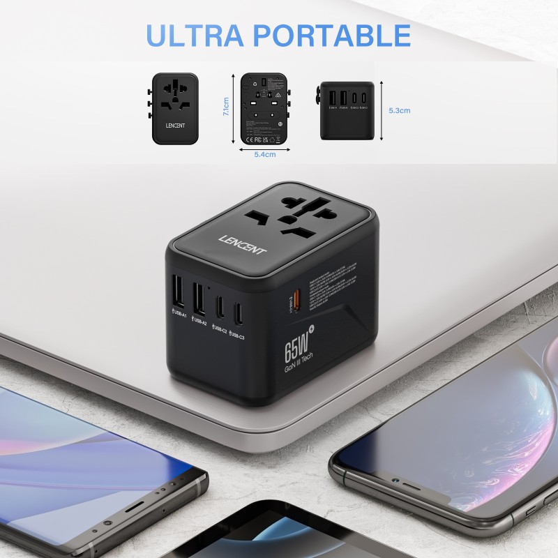Universal Travel Adapter LENCENT GAN 65W, EU, US, AU, UK with Case