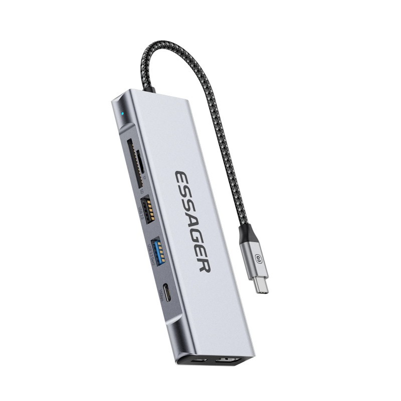 USB Hub (HUB) Essager 8-in-1 with Type-C, SD/TF Card Reader, HDMI, and SSD Port