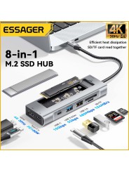 USB Hub (HUB) Essager 8-in-1 with Type-C, SD/TF Card Reader, HDMI, and SSD Port