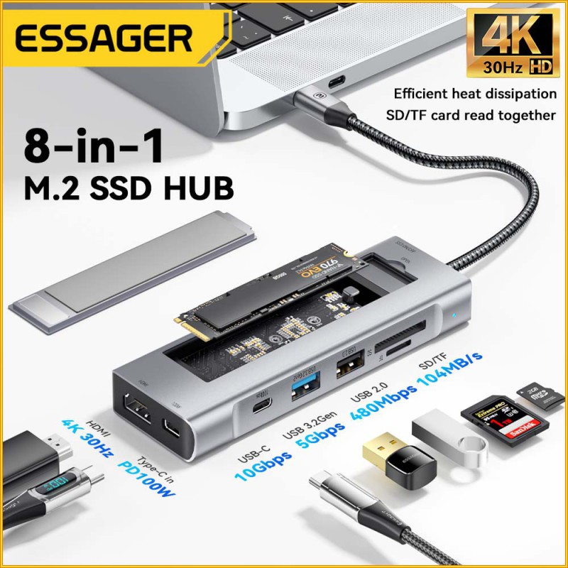 USB Hub (HUB) Essager 8-in-1 with Type-C, SD/TF Card Reader, HDMI, and SSD Port