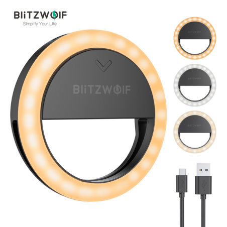 Žiedo formos LED šviesos lempa Blitzwolf telefonui, pakraunama, juoda