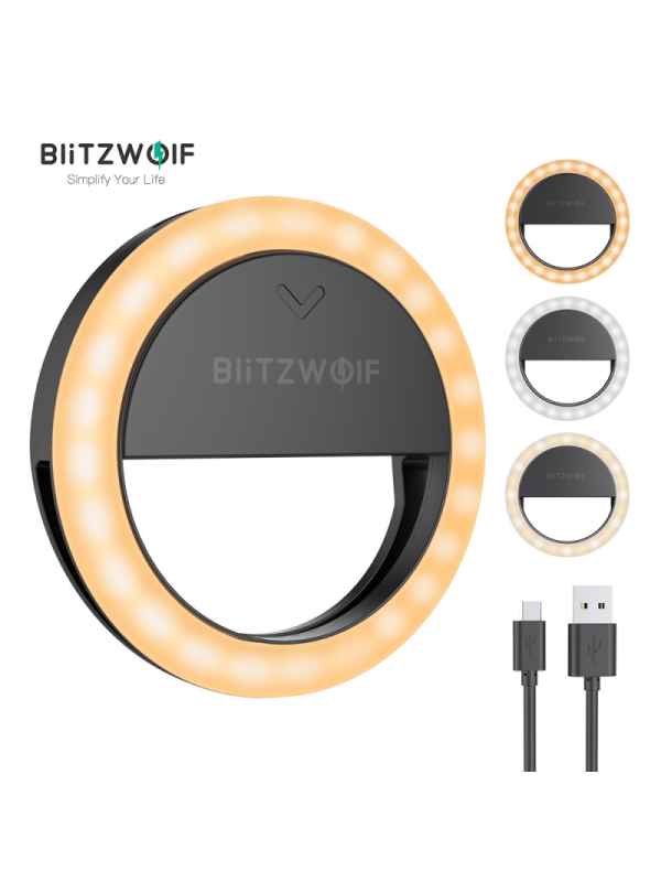 Žiedo formos LED šviesos lempa Blitzwolf telefonui, pakraunama, juoda