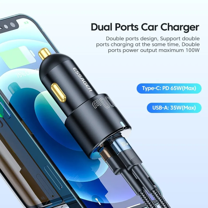 ESSAGER 100W USB-A / USB-C Automobilinis Įkroviklis – Greitas Ir Galingas Įkrovimas