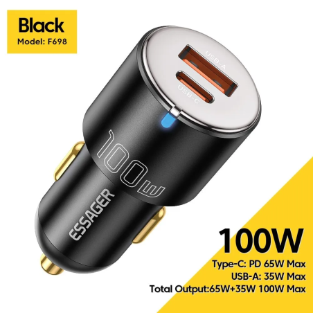 ESSAGER 100W USB-A / USB-C Automobilinis Įkroviklis – Greitas Ir Galingas Įkrovimas